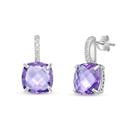 10.0mm Checkerboard Cushion-Shaped Amethyst and White Topaz Drop Earrings in Sterling Silver