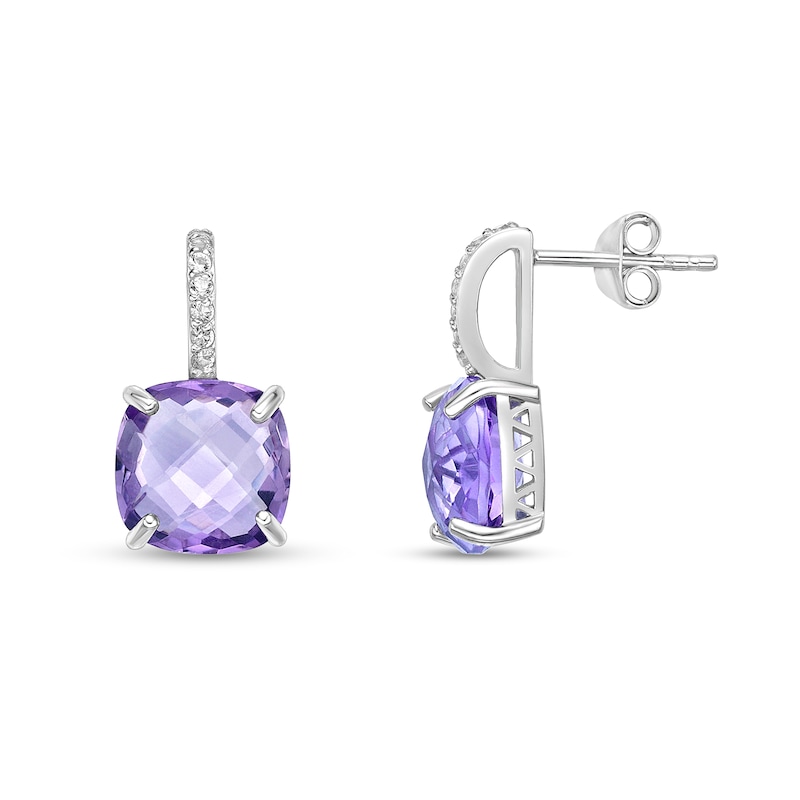 Main Image 2 of 10.0mm Checkerboard Cushion-Shaped Amethyst and White Topaz Drop Earrings in Sterling Silver