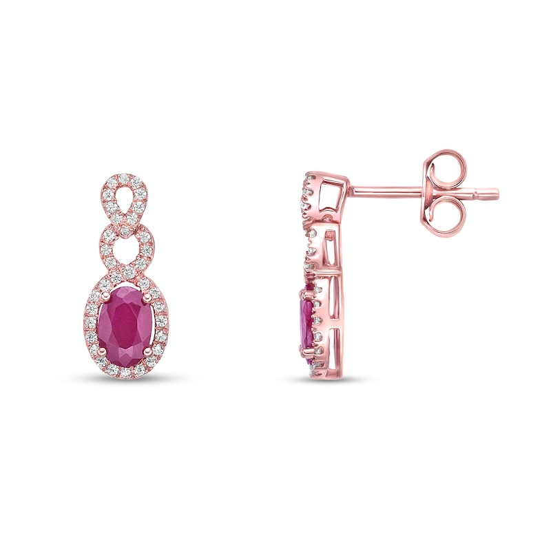 Main Image 2 of Oval Ruby and 1/4 CT. T.W. Diamond Loop Frame Doorknocker Drop Earrings in 10K Rose Gold