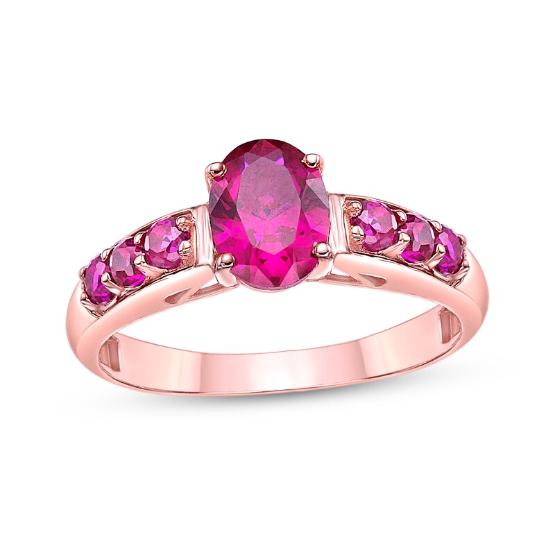 Main Image 1 of Oval Lab-Created Ruby Seven Stone Ring in Sterling Silver with 18K Rose Gold Plate