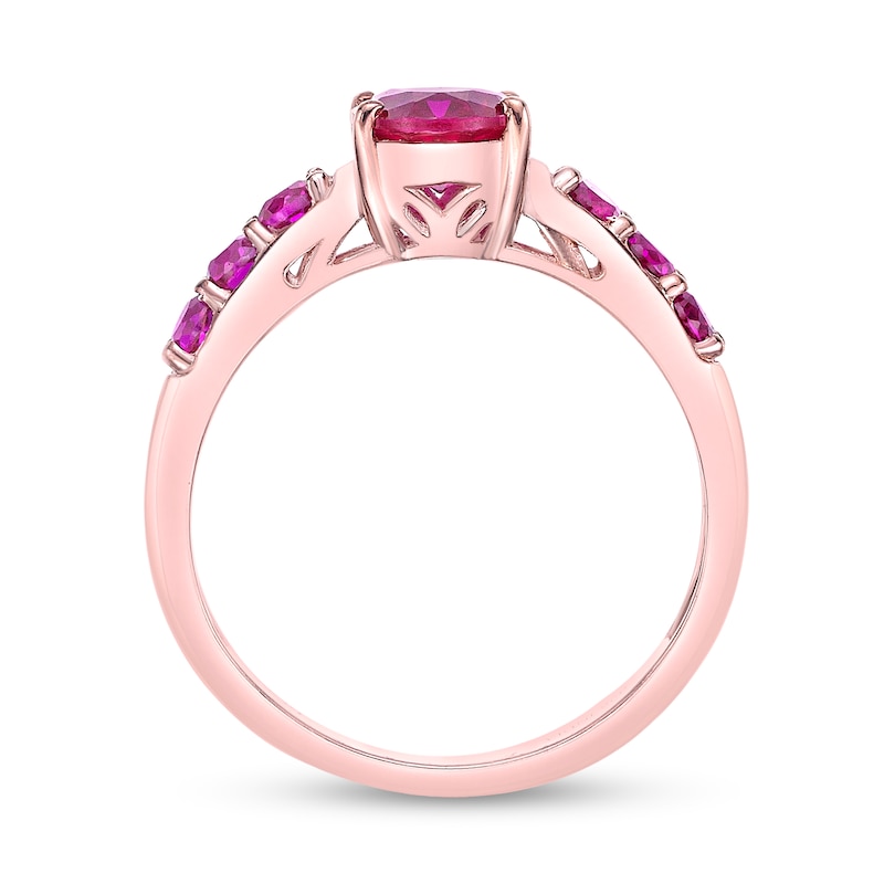 Main Image 3 of Oval Lab-Created Ruby Seven Stone Ring in Sterling Silver with 18K Rose Gold Plate