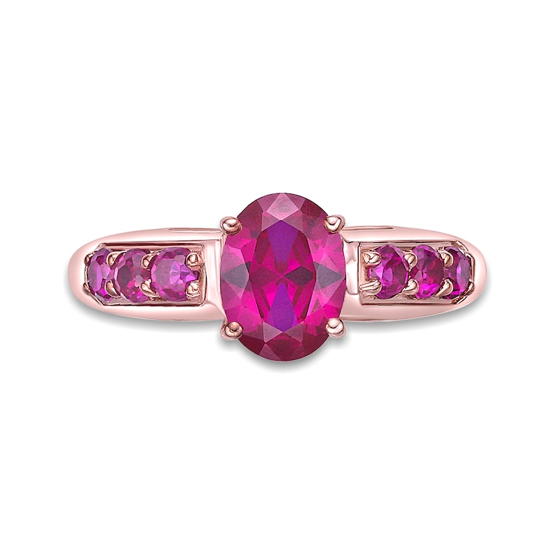 Main Image 4 of Oval Lab-Created Ruby Seven Stone Ring in Sterling Silver with 18K Rose Gold Plate