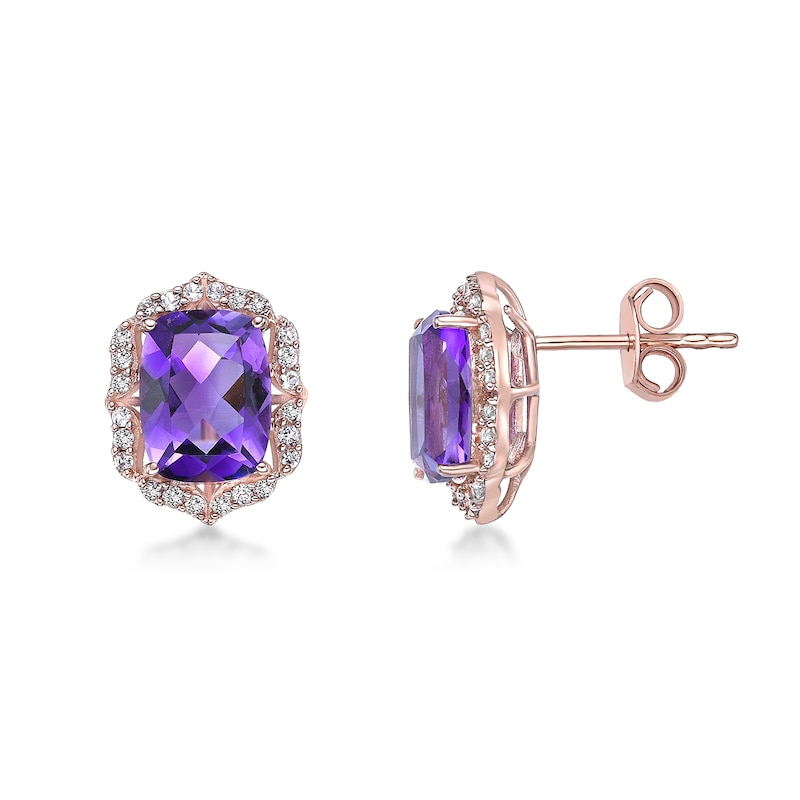 Main Image 2 of Cushion-Cut Amethyst and White Topaz Quatrefoil Frame Stud Earrings in Sterling Silver with 18K Rose Gold Plate