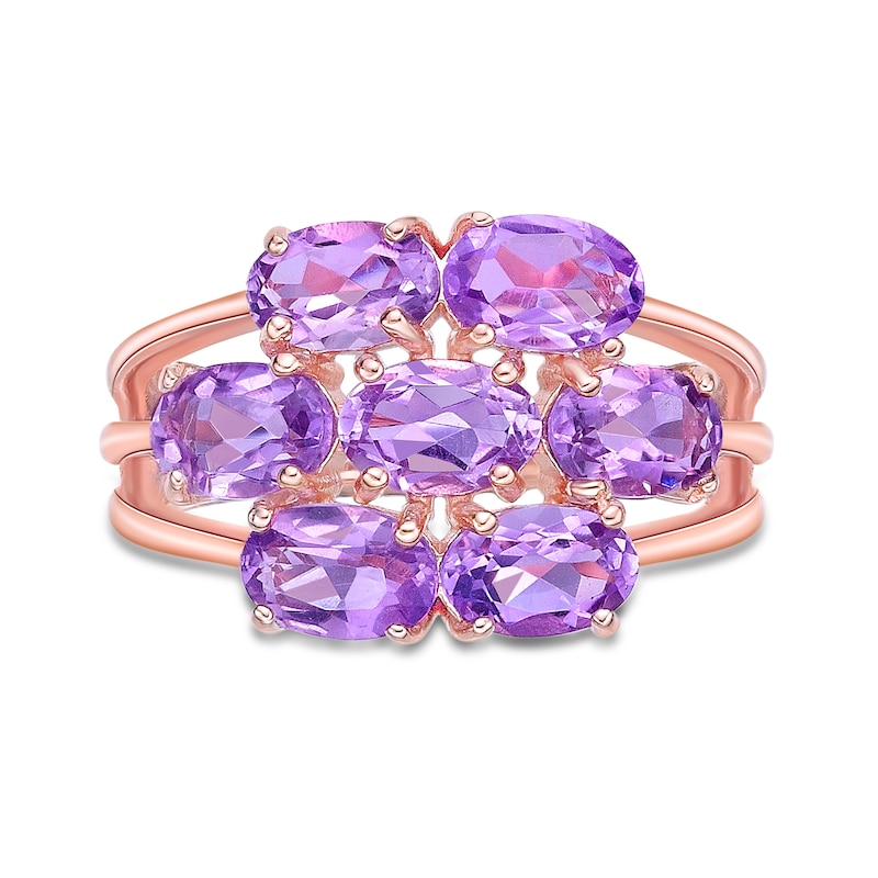 Main Image 4 of Sideways Oval Amethyst Seven Stone Triple Row Split Shank Flower Ring in Sterling Silver with 18K Rose Gold Plate