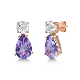 Pear-Shaped Amethyst and White Topaz Teardrop Earrings in Sterling Silver with 18K Rose Gold Plate