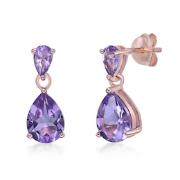 Pear-Shaped Amethyst Double Drop Earrings in Sterling Silver with 18K Rose Gold Plate