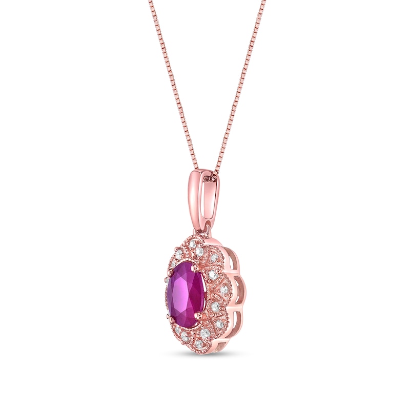 Main Image 2 of Oval Ruby and 1/15 CT. T.W. Diamond Scallop Frame Vintage-Style Flower Drop Pendant in 10K Rose Gold