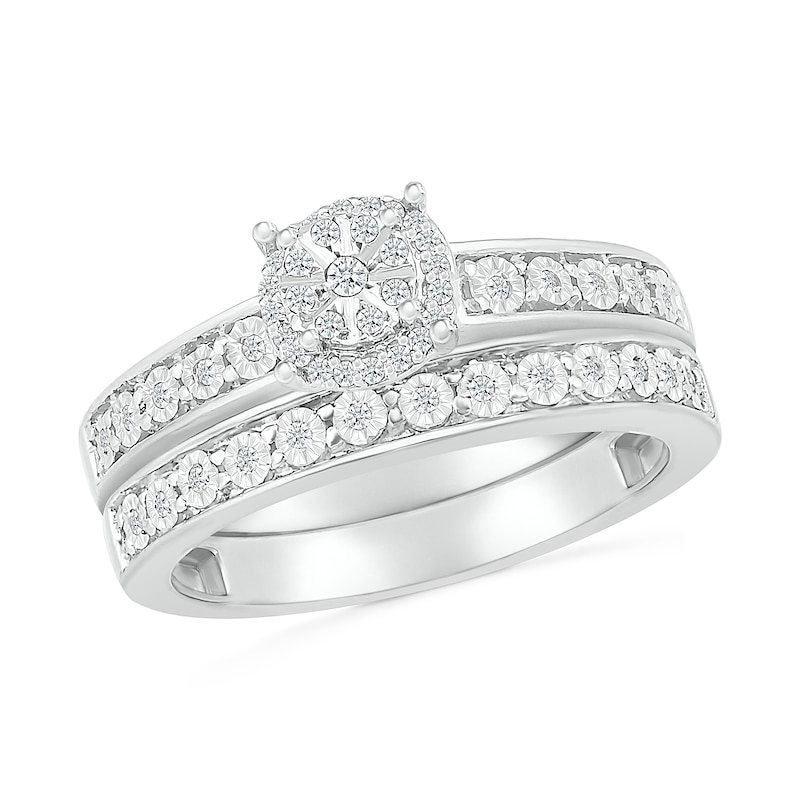 Main Image 1 of 1/6 CT. T.W. Multi-Diamond Frame Channel Bridal Set in Sterling Silver