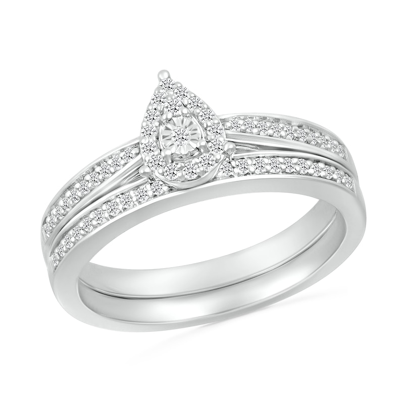 Main Image 1 of 1/4 CT. T.W. Pear-Shaped Multi-Diamond Frame Tapered Shank Bridal Set in Sterling Silver