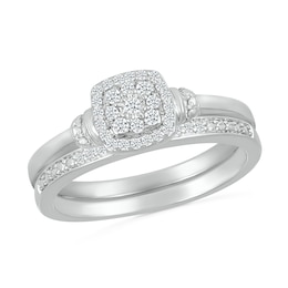 1/5 CT. T.W. Cushion-Shaped Multi-Diamond Frame Double Collar Bridal Set in Sterling Silver