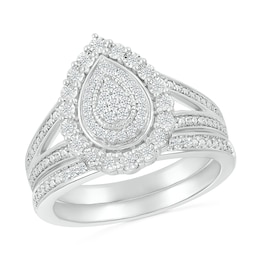 1/5 CT. T.W. Pear-Shaped Multi-Diamond Double Frame Split Shank Vintage-Style Bridal Set in Sterling Silver