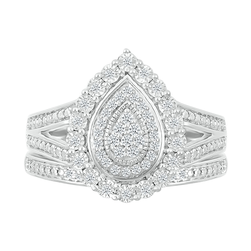 Main Image 3 of 1/5 CT. T.W. Pear-Shaped Multi-Diamond Double Frame Split Shank Vintage-Style Bridal Set in Sterling Silver