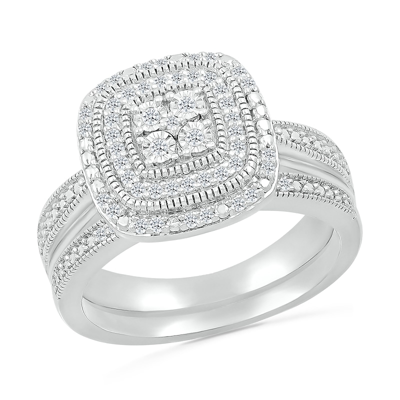 Main Image 1 of 1/4 CT. T.W. Cushion-Shaped Multi-Diamond Double Frame Tapered Shank Vintage-Style Bridal Set in Sterling Silver