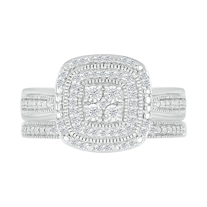 Main Image 3 of 1/4 CT. T.W. Cushion-Shaped Multi-Diamond Double Frame Tapered Shank Vintage-Style Bridal Set in Sterling Silver