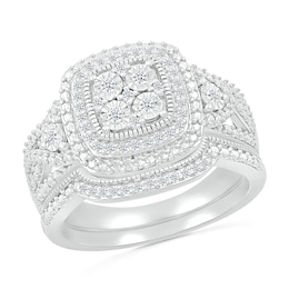 1/4 CT. T.W. Cushion-Shaped Multi-Diamond Double Frame Multi-Row Vintage-Style Bridal Set in Sterling Silver