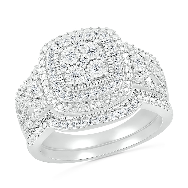 Main Image 1 of 1/4 CT. T.W. Cushion-Shaped Multi-Diamond Double Frame Multi-Row Vintage-Style Bridal Set in Sterling Silver