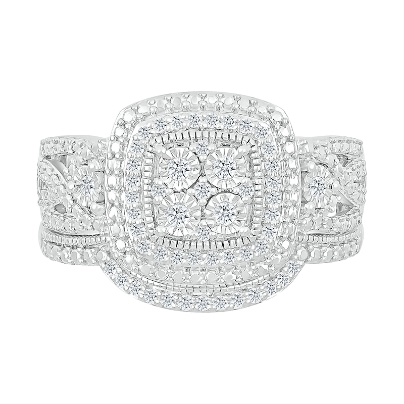 Main Image 3 of 1/4 CT. T.W. Cushion-Shaped Multi-Diamond Double Frame Multi-Row Vintage-Style Bridal Set in Sterling Silver