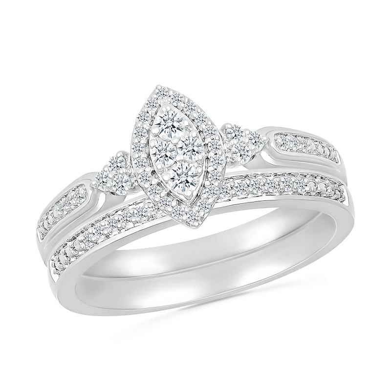 Main Image 1 of 1/3 CT. T.W. Marquise-Shaped Multi-Diamond Frame Tri-Sides Loop Shank Bridal Set in Sterling Silver