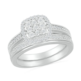 1/4 CT. T.W. Princess-Shaped Multi-Diamond Open Cushion Frame Stepped Edge Bridal Set in Sterling Silver