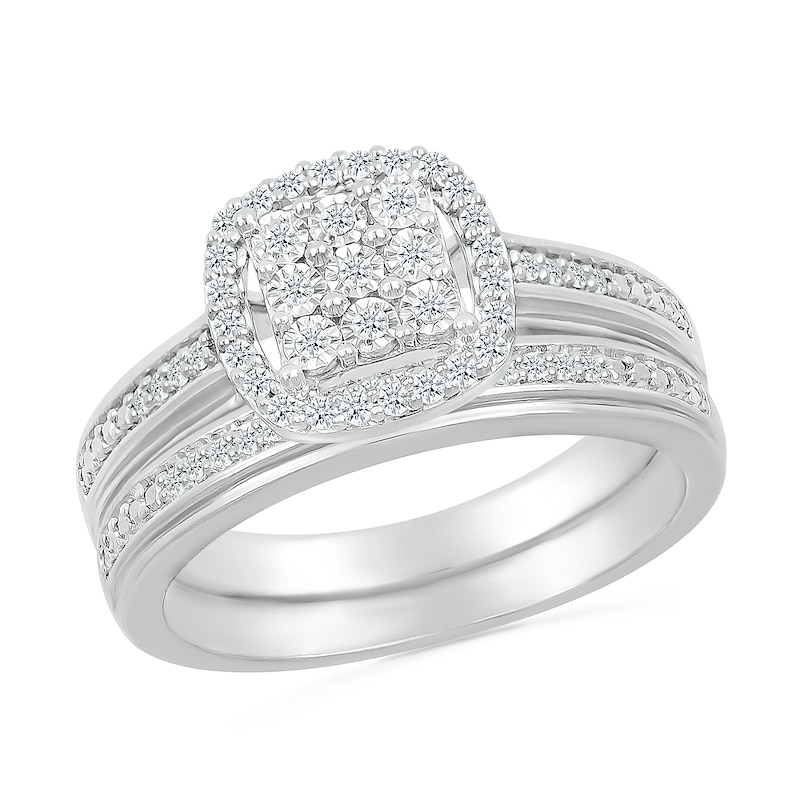 Main Image 1 of 1/4 CT. T.W. Princess-Shaped Multi-Diamond Open Cushion Frame Stepped Edge Bridal Set in Sterling Silver