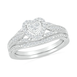 1/5 CT. T.W. Heart-Shaped Multi-Diamond Frame Tapered Shank Bridal Set in Sterling Silver