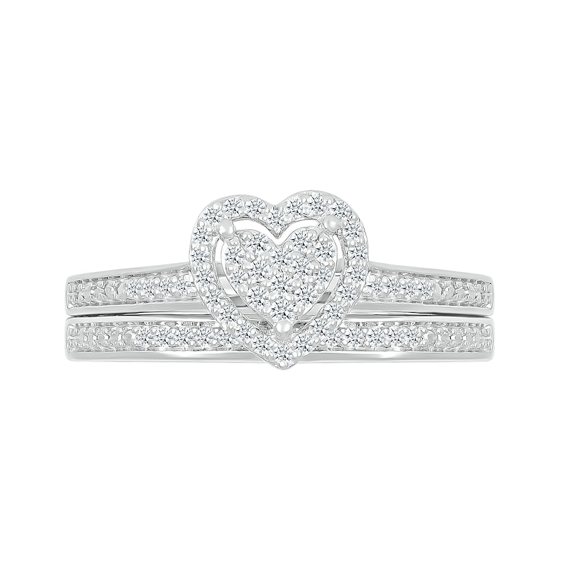 Main Image 3 of 1/4 CT. T.W. Heart-Shaped Multi-Diamond Frame Bridal Set in Sterling Silver