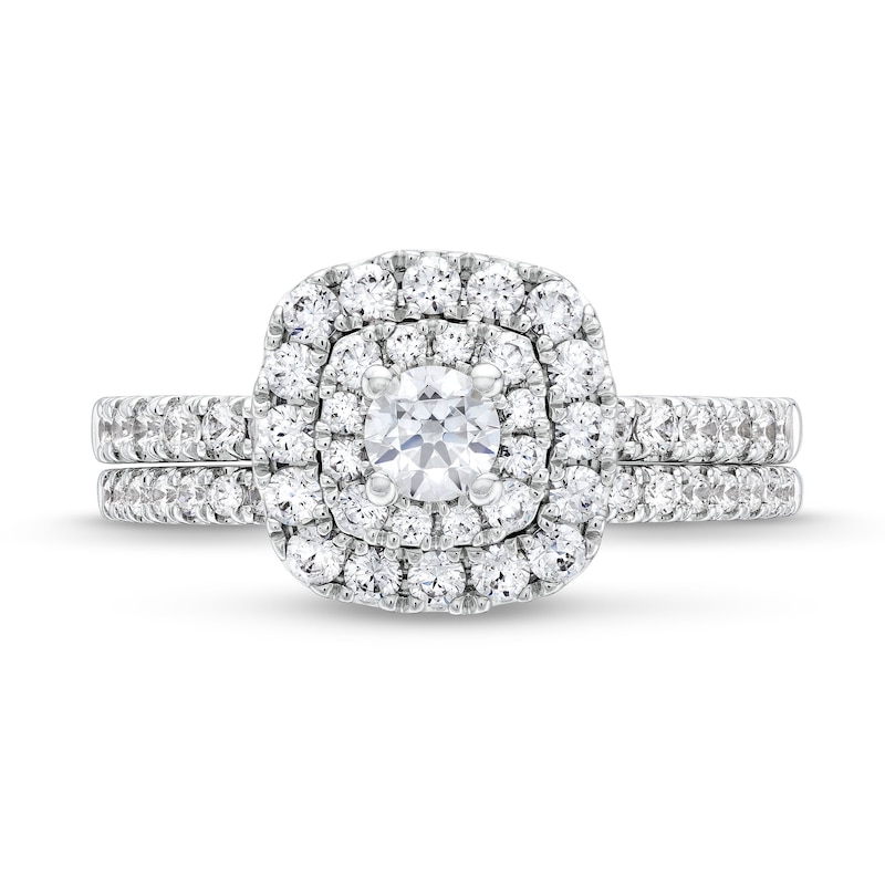 Main Image 4 of 1 CT. T.W. Diamond Double Row Cushion Frame Bridal Set in 14K White Gold (I/I2)