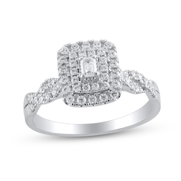 1/2 CT. T.W. Emerald-Cut Diamond Double Frame Twist Shank Engagement Ring in 10K White Gold (I/I1)