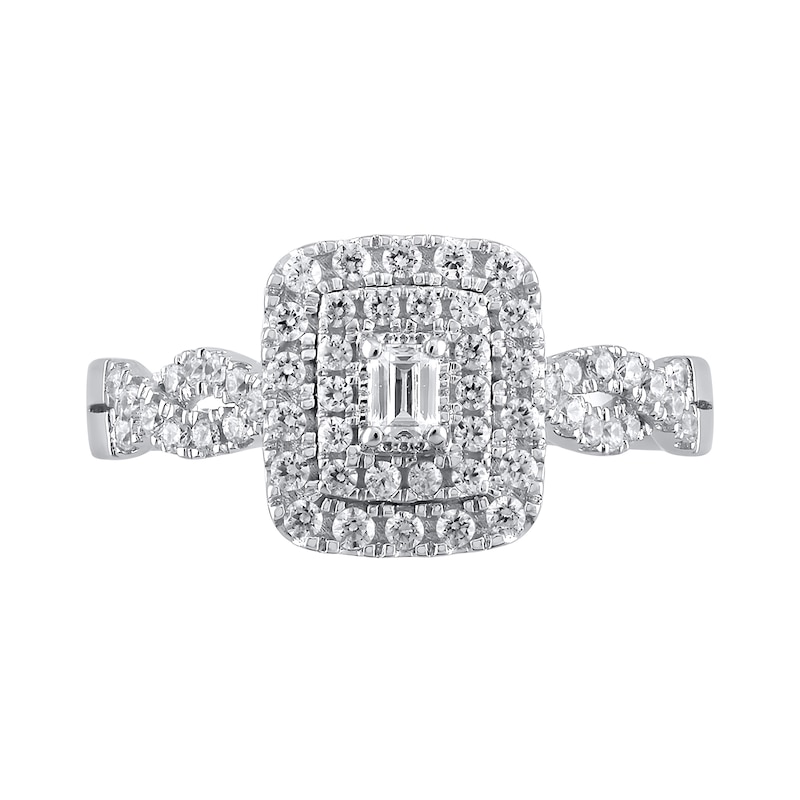 Main Image 2 of 1/2 CT. T.W. Emerald-Cut Diamond Double Frame Twist Shank Engagement Ring in 10K White Gold (I/I1)