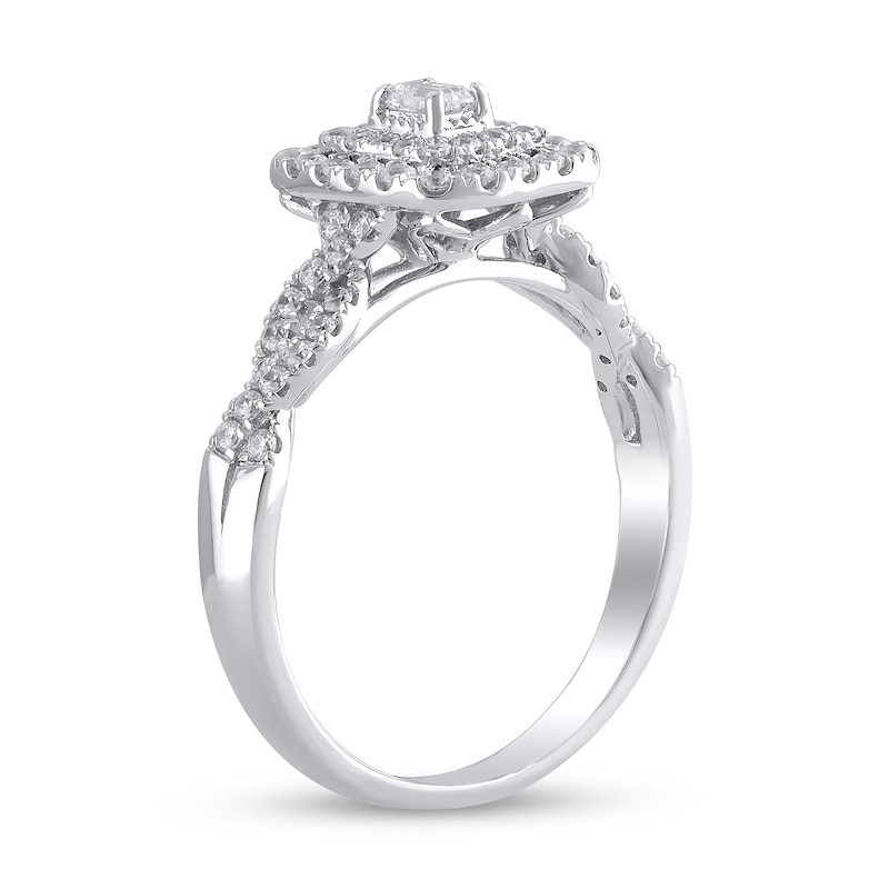 Main Image 3 of 1/2 CT. T.W. Emerald-Cut Diamond Double Frame Twist Shank Engagement Ring in 10K White Gold (I/I1)