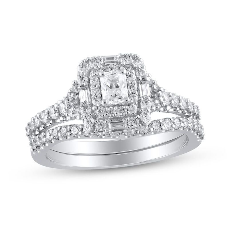 Main Image 1 of 1 CT. T.W. Emerald-Cut Diamond Double Compass Frame Split Shank Bridal Set in 14K White Gold