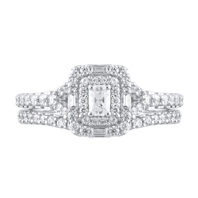 Main Image 2 of 1 CT. T.W. Emerald-Cut Diamond Double Compass Frame Split Shank Bridal Set in 14K White Gold