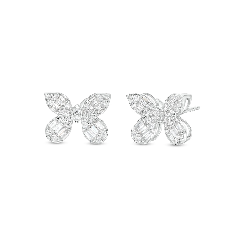 3/4 CT. T.W. Baguette and Round Diamond Butterfly Stud Earrings in Sterling Silver