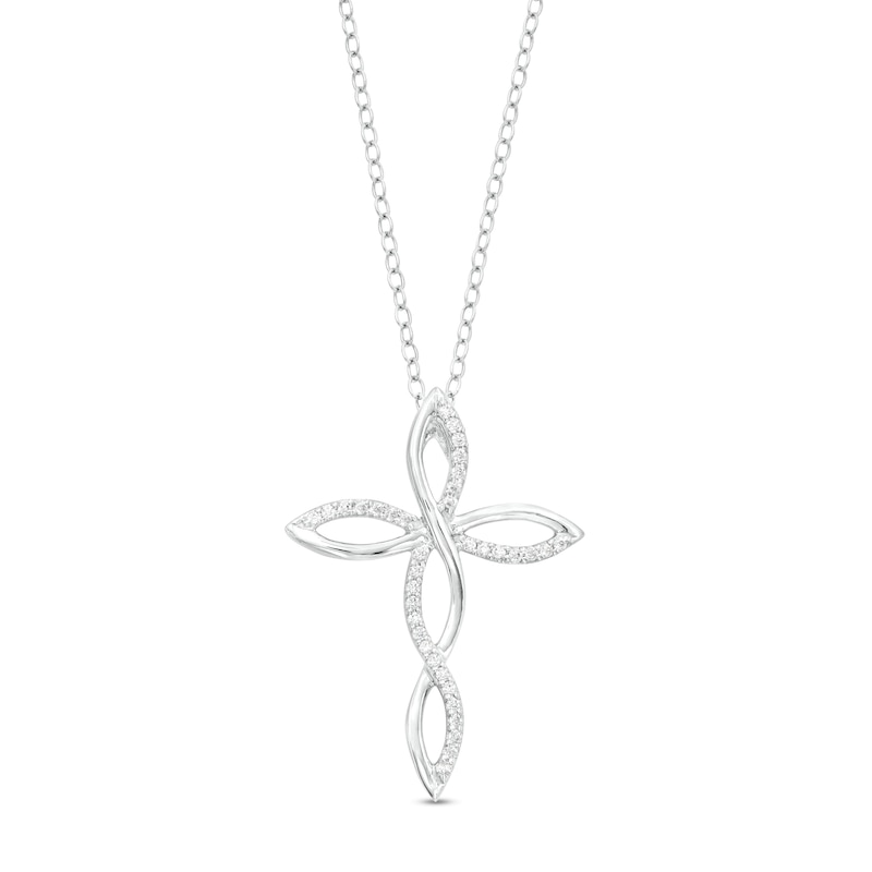 Main Image 1 of 1/6 CT. T.W. Diamond Twist Ribbon Cross Pendant in Sterling Silver