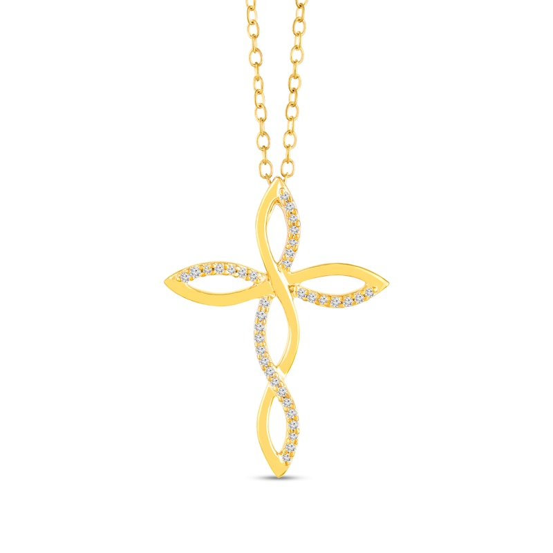 Main Image 1 of 1/6 CT. T.W. Diamond Twist Ribbon Cross Pendant in Sterling Silver with 14K Gold Plate