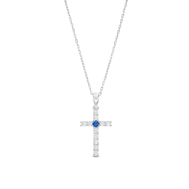 Main Image 1 of Blue Sapphire and 1/4 CT. T.W. Diamond Cross Pendant in Sterling Silver