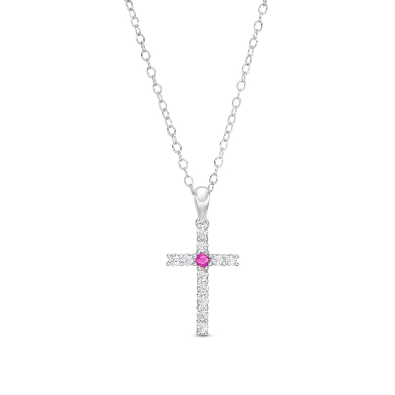 Main Image 1 of Ruby and 1/4 CT. T.W. Diamond Cross Pendant in Sterling Silver