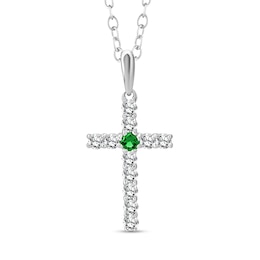 Emerald and 1/4 CT. T.W. Diamond Cross Pendant in Sterling Silver