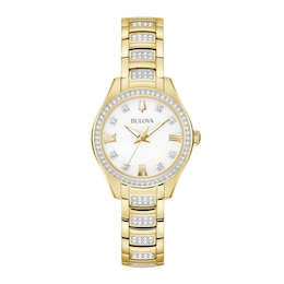 Ladies' Bulova Crystal Accent Gold-Tone IP Watch with Mother-of-Pearl Dial (Model: 98L306)