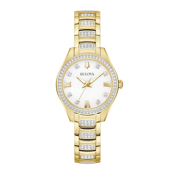 Ladies' Bulova Crystal Accent Gold-Tone IP Watch With Mother-of-Pearl Dial (Model: 98L306)