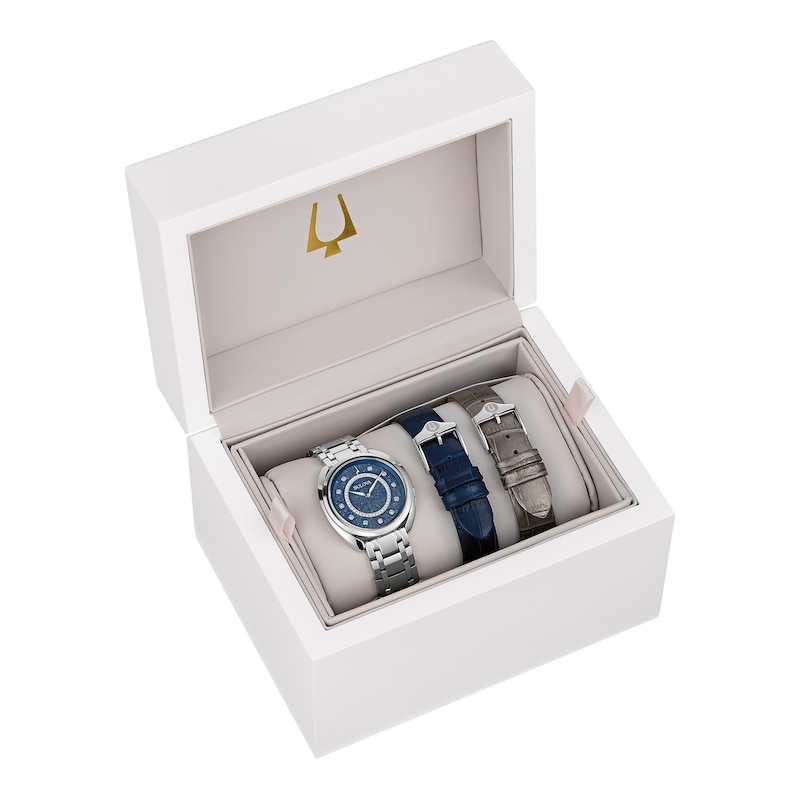 Ladies' Bulova Duality 1/8 CT. T.W. Diamond Interchangeable Bands Watch with Blue Dial (Model: 96X160)