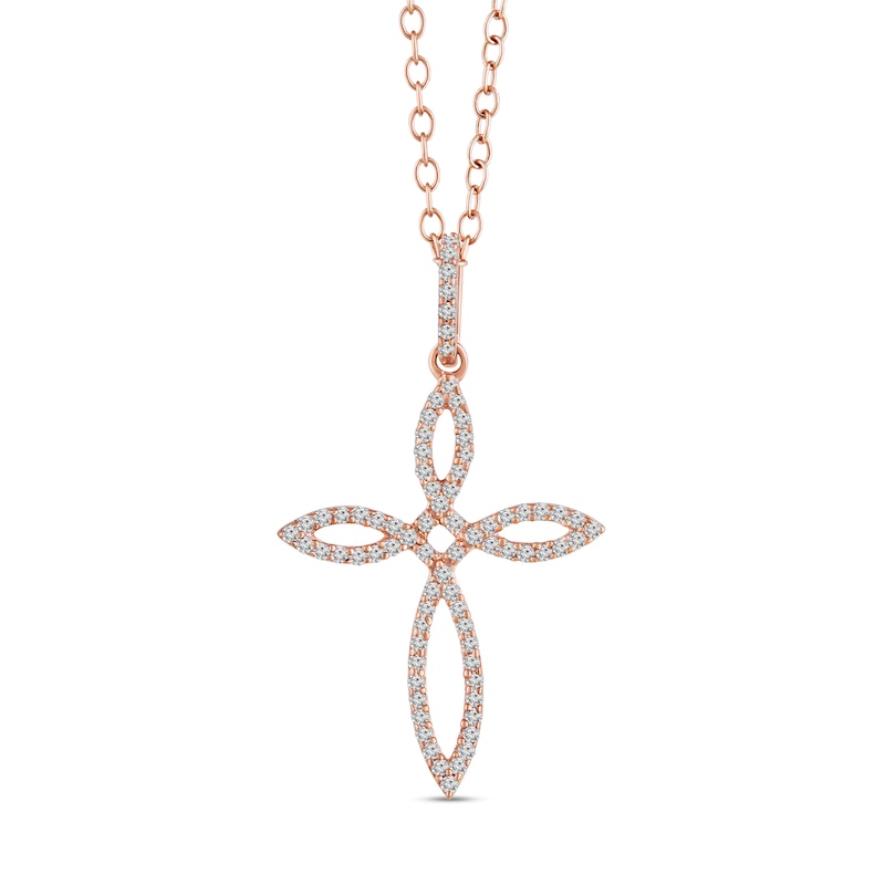 Main Image 1 of 1/4 CT. T.W. Diamond Pointed Loop Cross Drop Pendant in Sterling Silver with 14K Rose Gold Plate