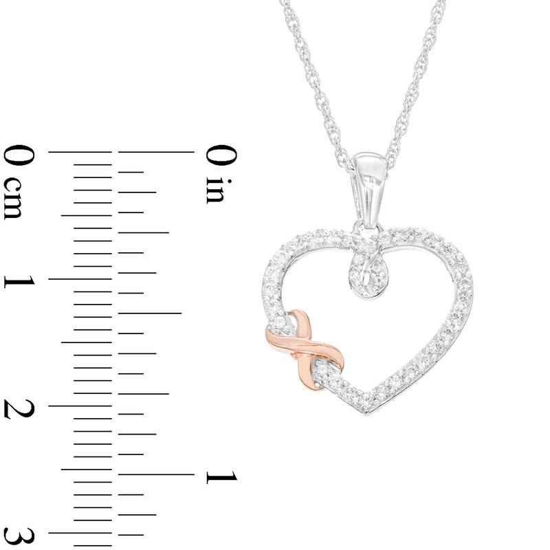 Main Image 3 of 1/4 CT. T.W. Diamond Offset Infinity Wrapped Loop Heart Outline Drop Pendant in Sterling Silver and 14K Rose Gold Plate