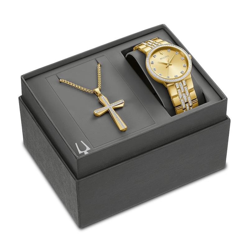 Men's Bulova Crystal Accent Gold-Tone IP Watch with Champagne Dial and Cross Pendant Box Set (Model: 98K113)