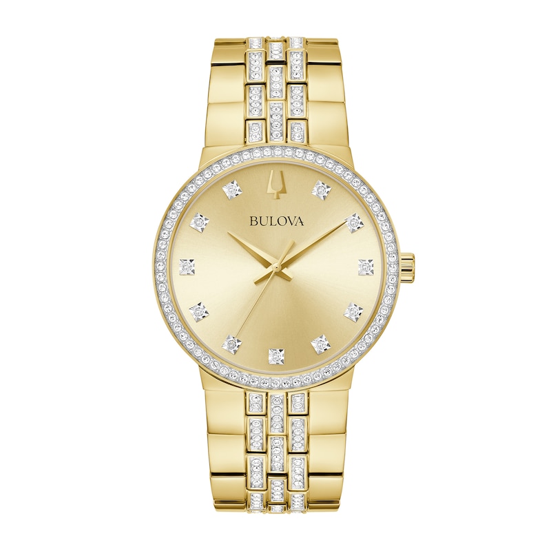 Men's Bulova Crystal Accent Gold-Tone IP Watch with Champagne Dial and Cross Pendant Box Set (Model: 98K113)