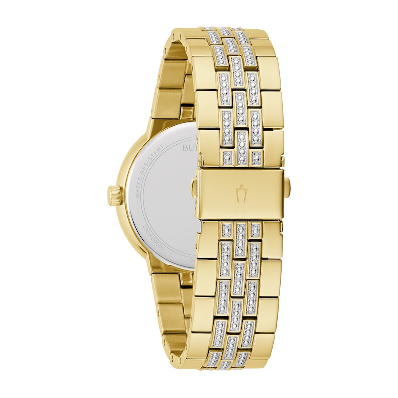 Men's Bulova Crystal Accent Gold-Tone IP Watch with Champagne Dial and Cross Pendant Box Set (Model: 98K113)