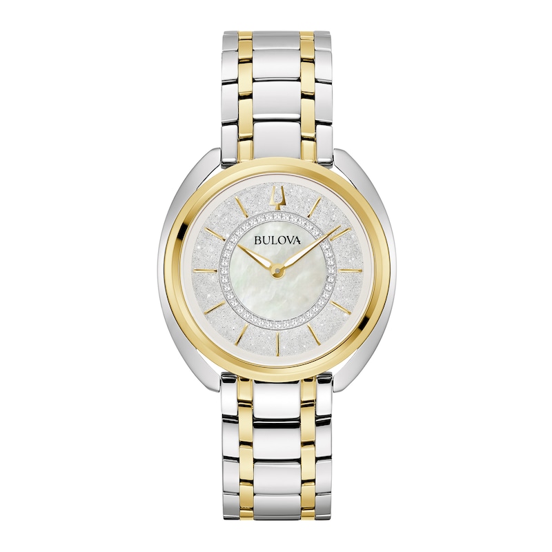 Main Image 1 of Ladies' Bulova Duality 1/10 CT. T.W. Diamond Two-Tone IP Watch with Mother-of-Pearl Dial (Model: 98X134)