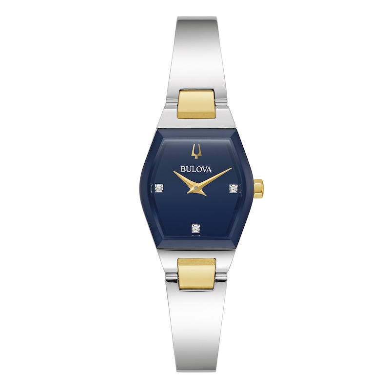 Main Image 1 of Ladies' Bulova Gemini Diamond Accent Two-Tone IP Bangle Watch with Tonneau Blue Dial (Model: 98P218)