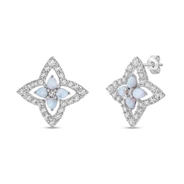 Pear-Shaped Lab-Created Opal and White Lab-Created Sapphire Petal Frame Quartet Floral Stud Earrings in Sterling Silver