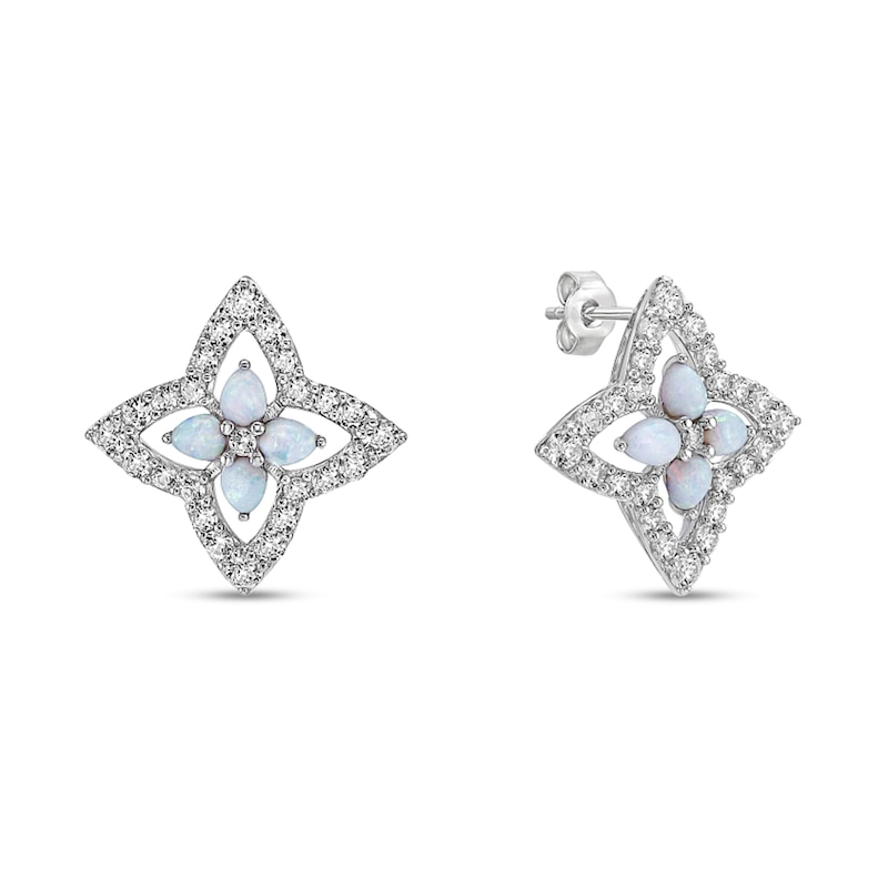 Main Image 3 of Pear-Shaped Lab-Created Opal and White Lab-Created Sapphire Petal Frame Quartet Floral Stud Earrings in Sterling Silver